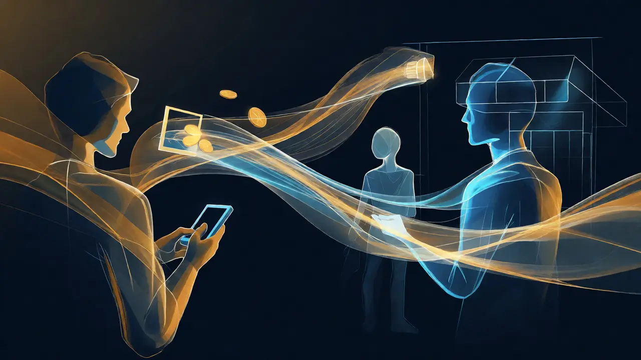 Abstract illustration connecting users, publishers, and advertisers via light streams.