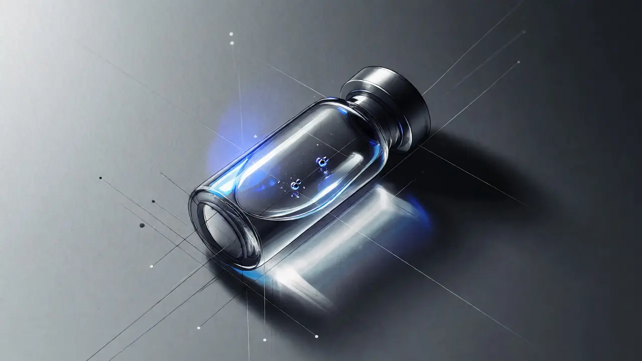 Artistic depiction of a small glowing particle in a glass vial symbolizing scarcity.