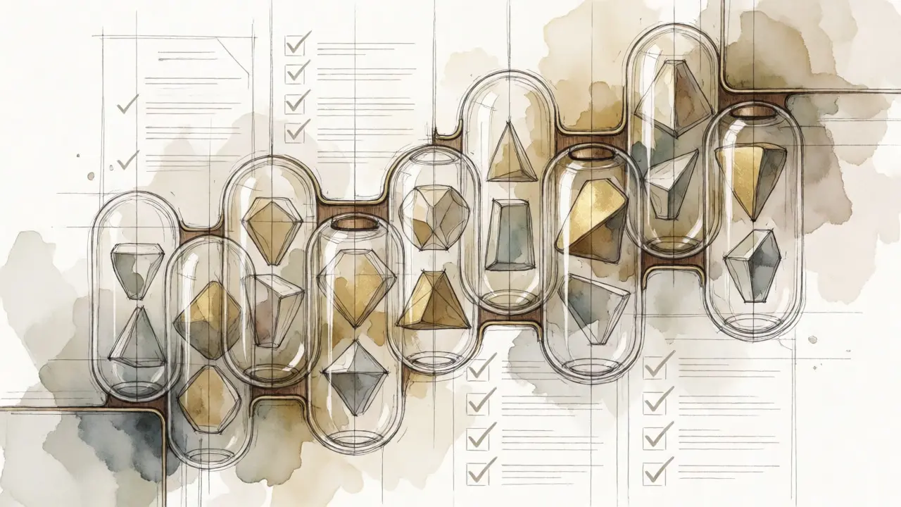 Artistic drawing of financial entities trapped in suspended glass capsules awaiting approval.