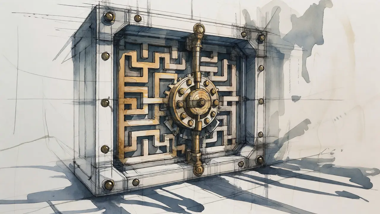 Artistic sketch of a complex, locked vault symbolizing opaque crypto exchange security.