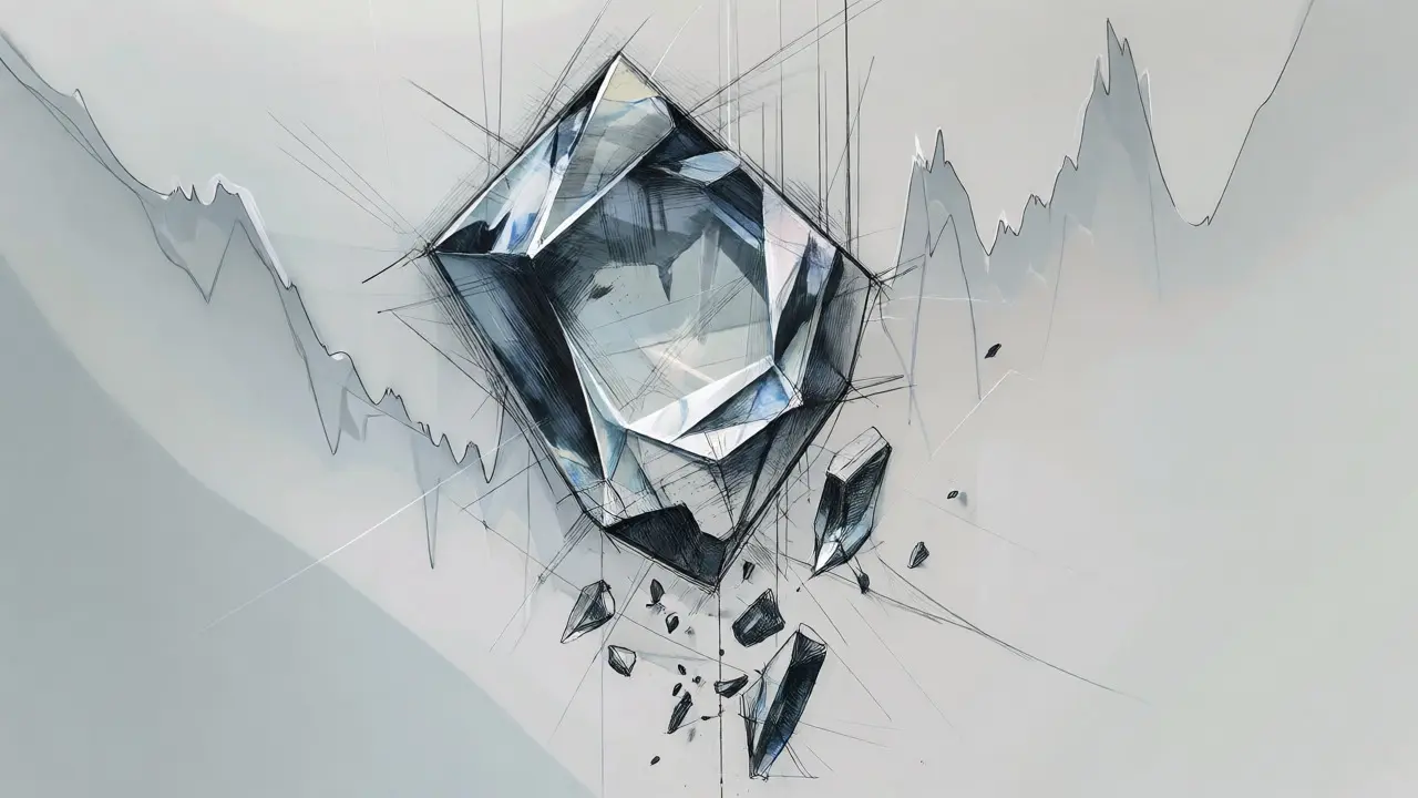 Artistic sketch of a shattered crystal falling, symbolizing token value collapse.