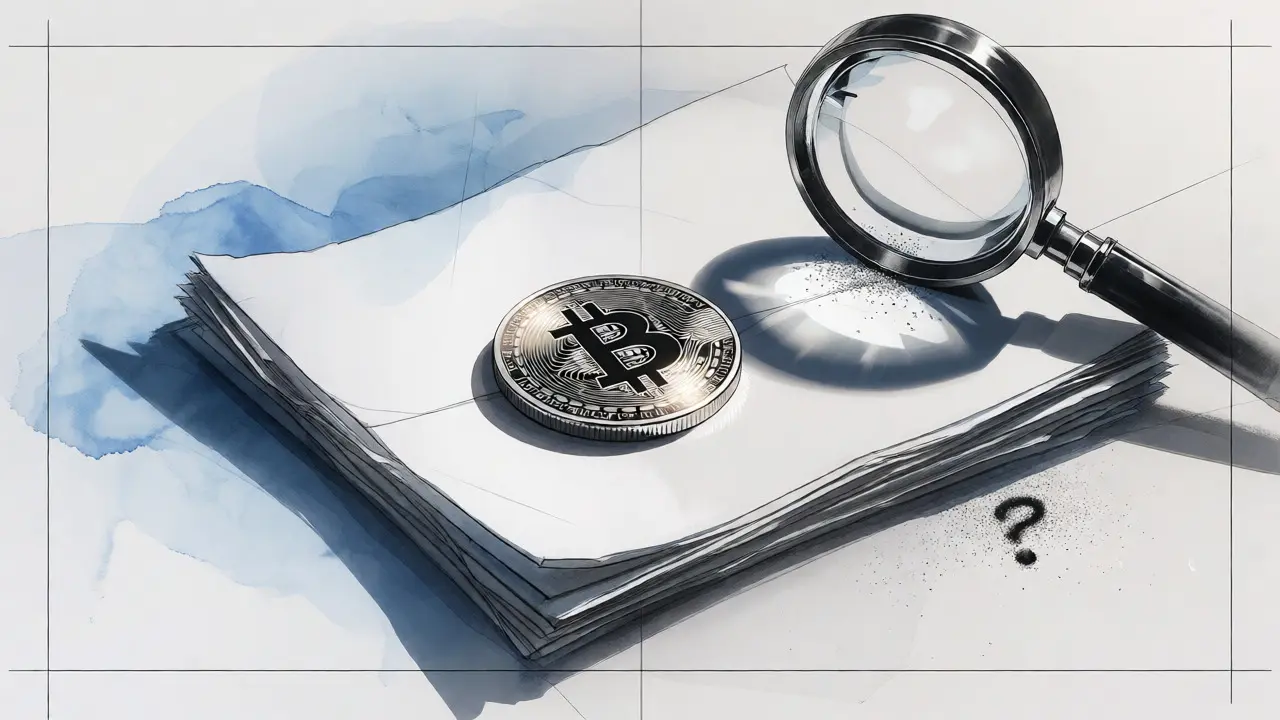 Bitcoin coin on blank paper with a magnifying glass revealing a void