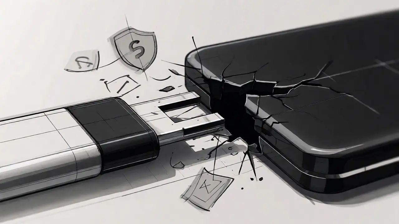 Close-up sketch of a wallet plugging into a cracked, void-filled digital surface.