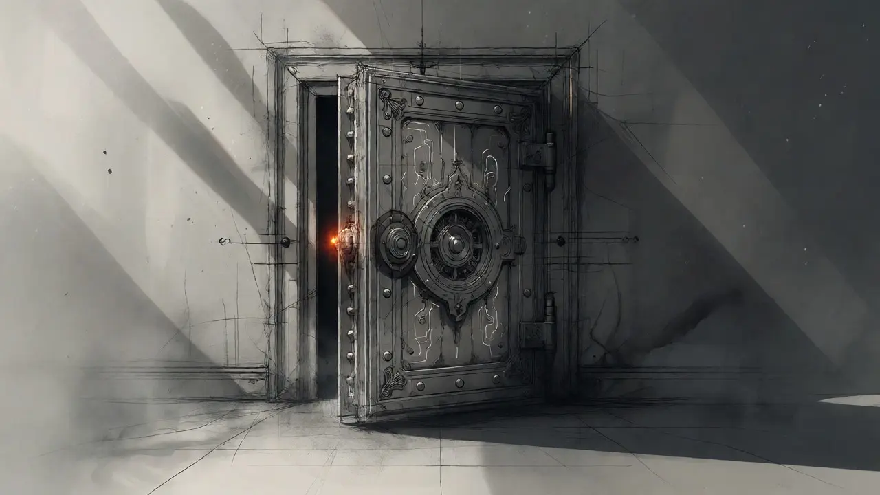 Conceptual sketch of an abandoned digital vault door in a misty void.