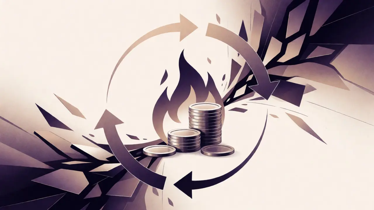 Deflationary mechanics showing token burns and buyback loops