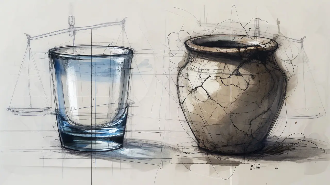 Design sketch contrasting a clear glass container with a cracked, opaque clay pot.