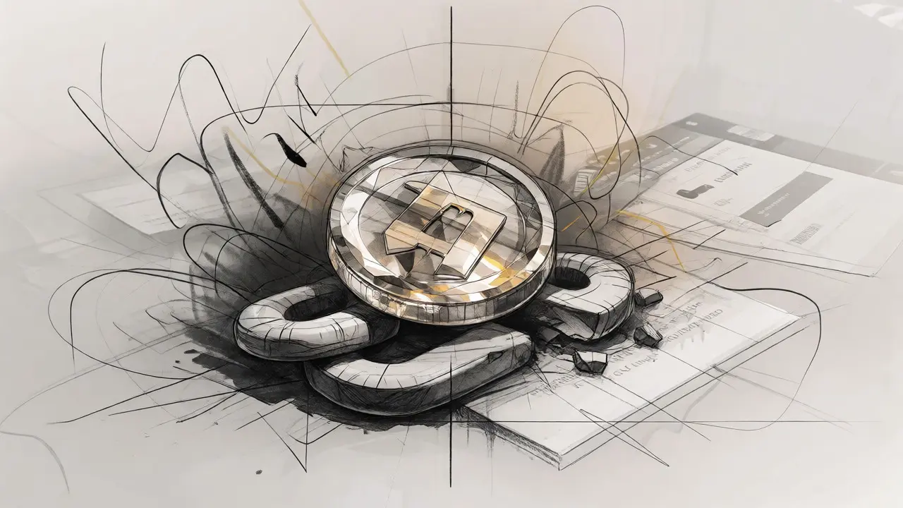 Design sketch of a BIKI token crystal resting on a broken pedestal amidst abstract volatility lines.