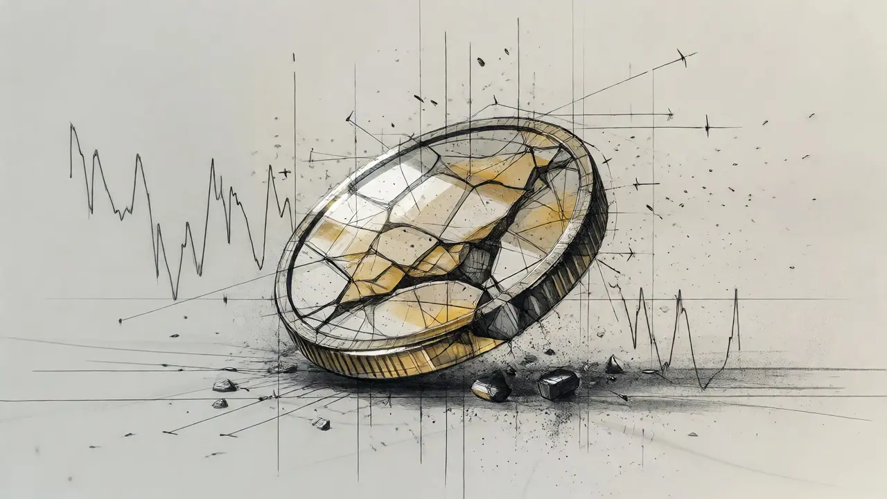 Design sketch of a fragile cracked token surrounded by dissolving trend lines