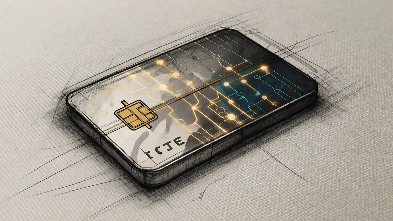 Design sketch of a premium RICE token object resembling a smart card on fabric.