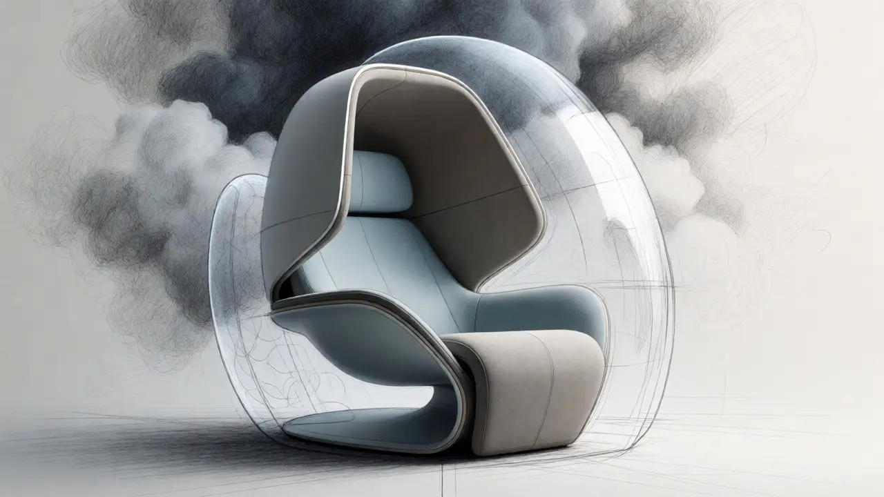 Design sketch of a protective pod shielding a trader from market chaos.