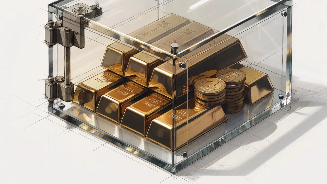 Design sketch of a transparent vault holding gold and digital coins.
