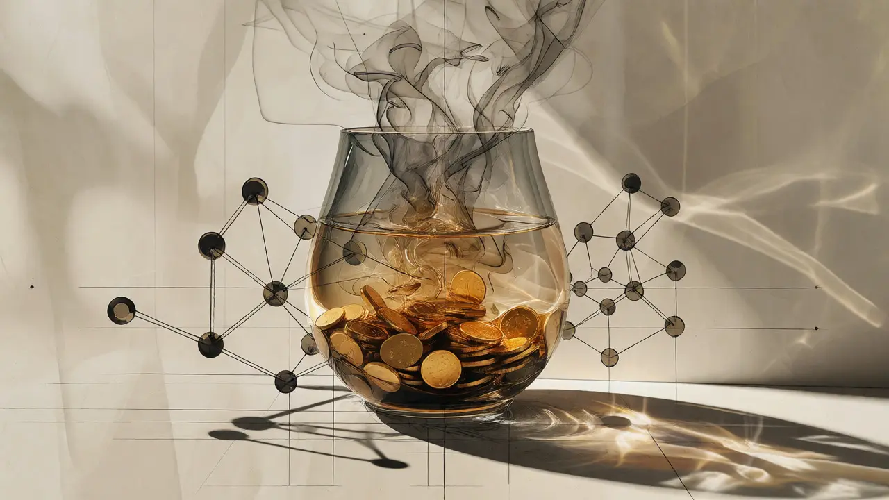 Design sketch of glass vessel transforming gold coins into vapor surrounded by node lines