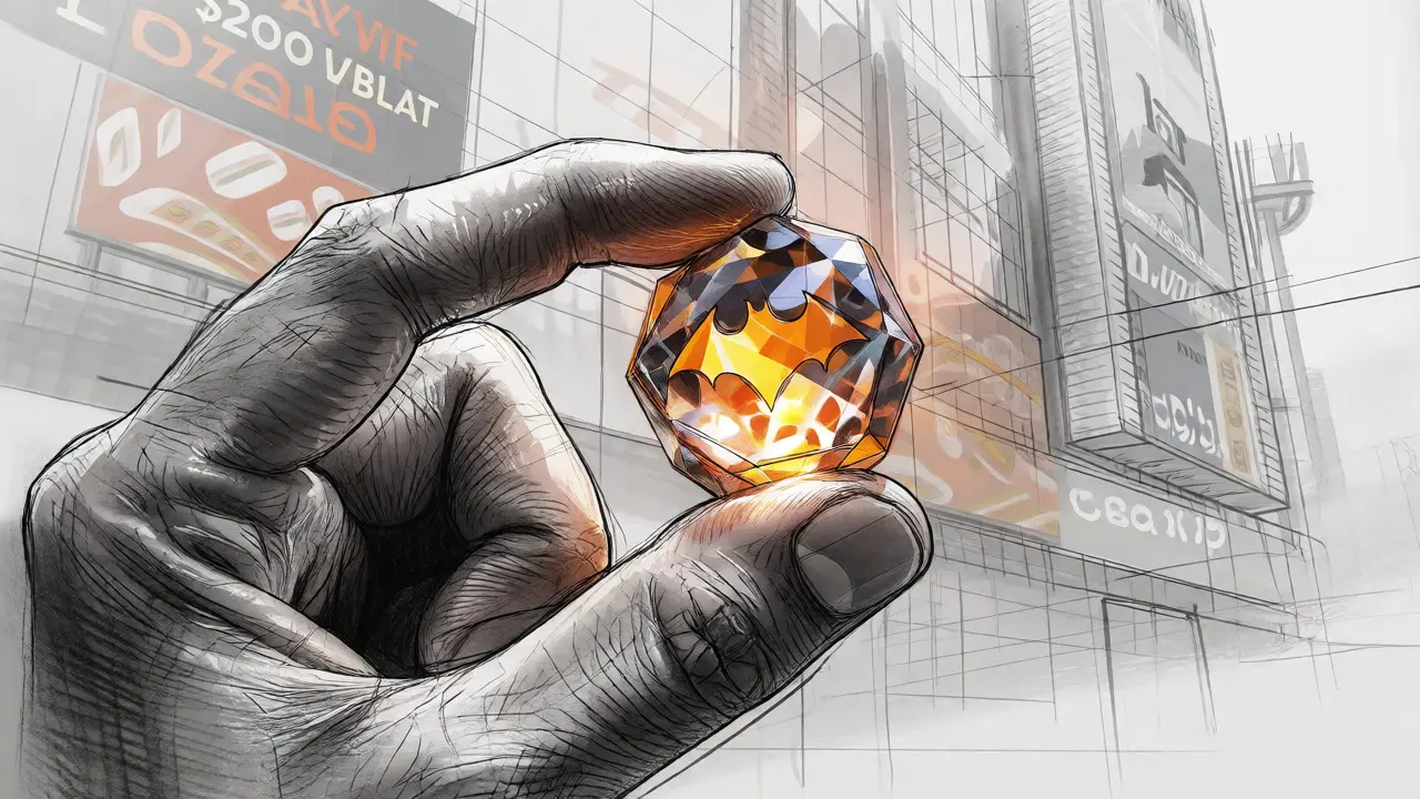Detailed sketch of a hand holding a glowing crystal token against a city backdrop.