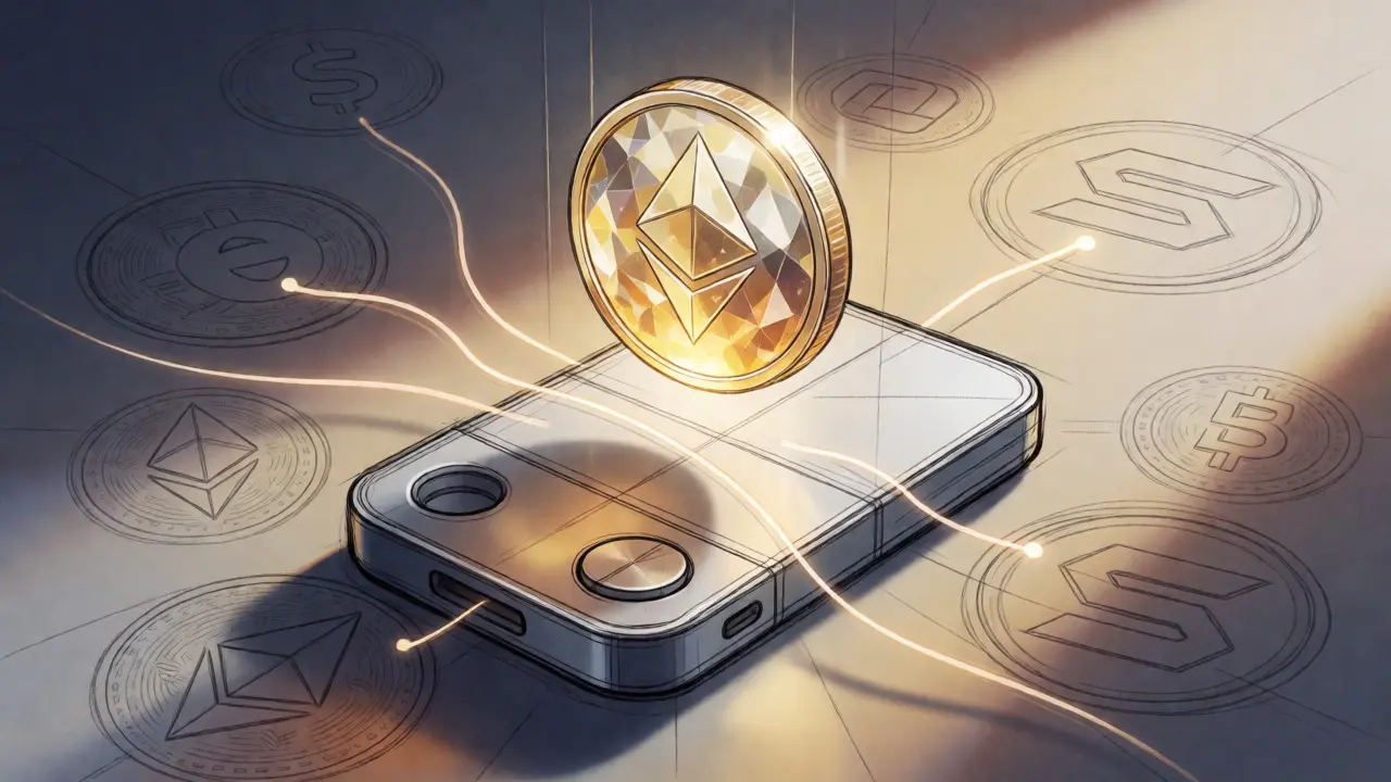 Illustration of a HYPE token floating above a hardware wallet