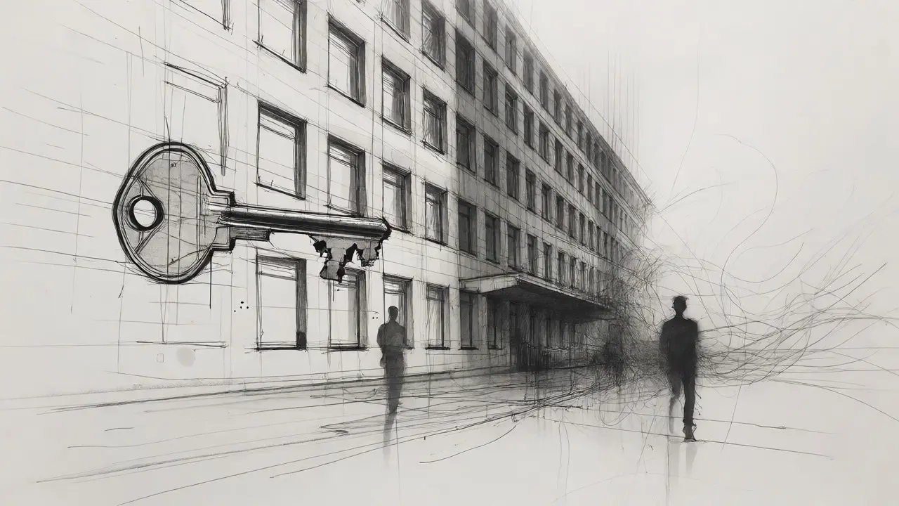 Illustration of an Estonian building with a floating key symbolizing unverified status