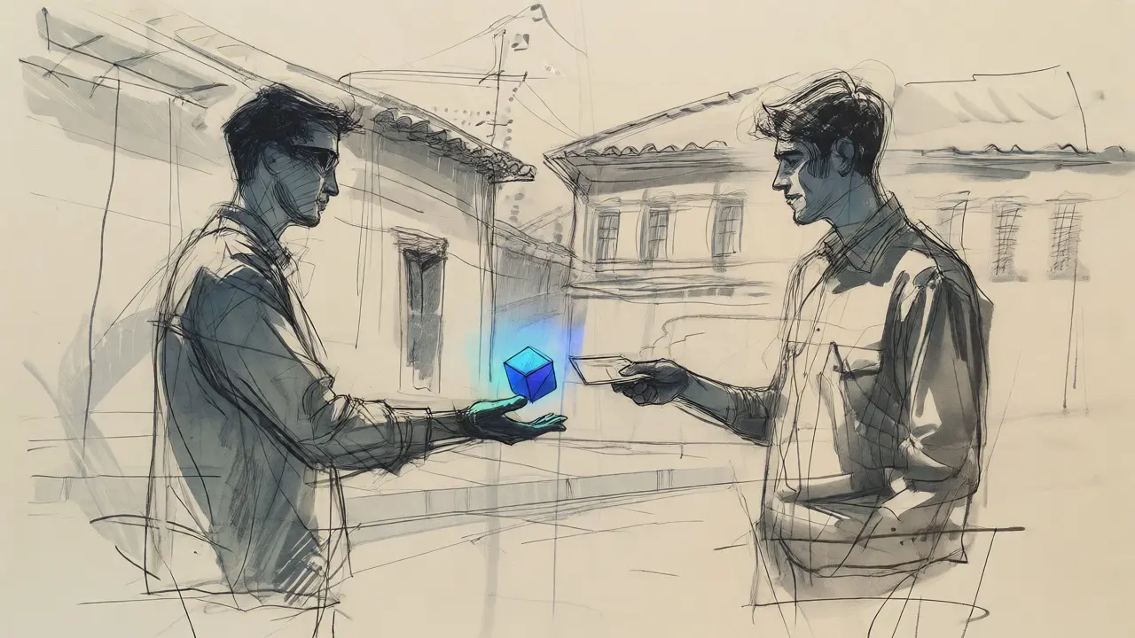Illustration of two people exchanging digital token and cash in stylized Quito street scene