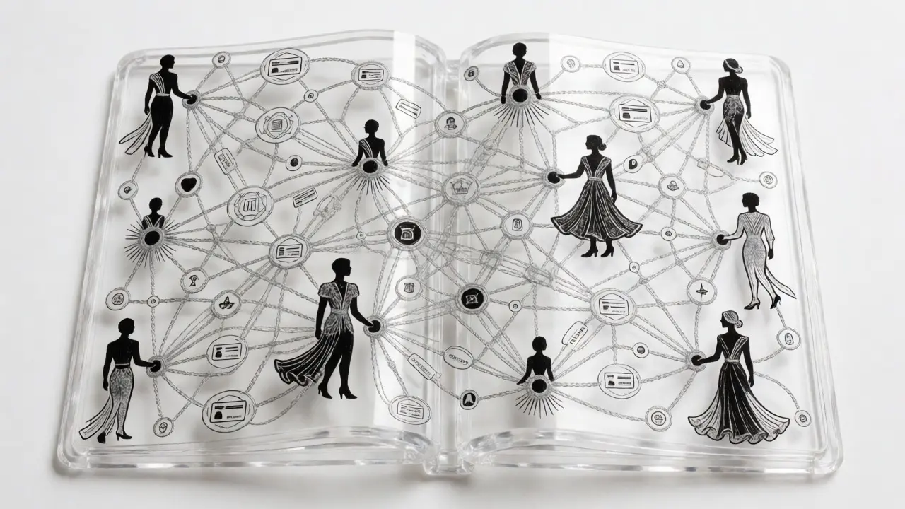 Intricate line art showing compliance threads connecting users to a digital ledger.