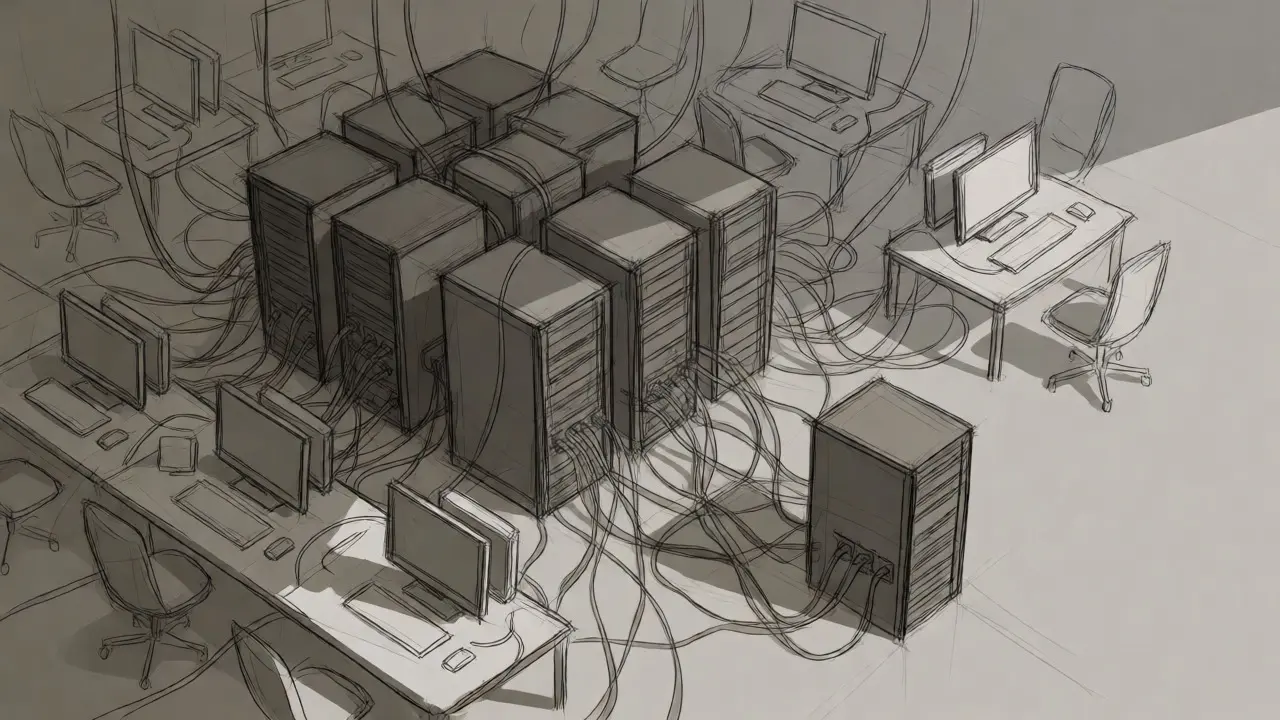 Isometric sketch of disconnected servers representing stagnant crypto development
