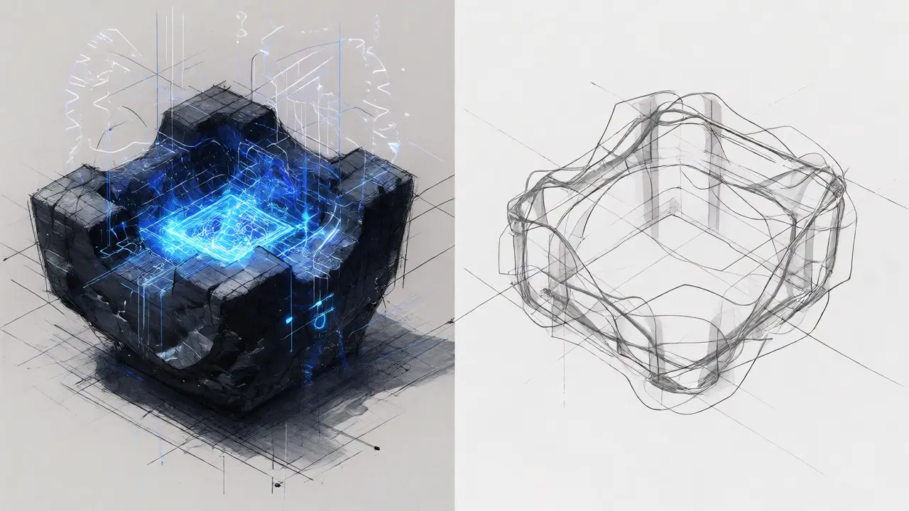 Side-by-side design sketch comparing a robust, active exchange with a fragile, empty wireframe.