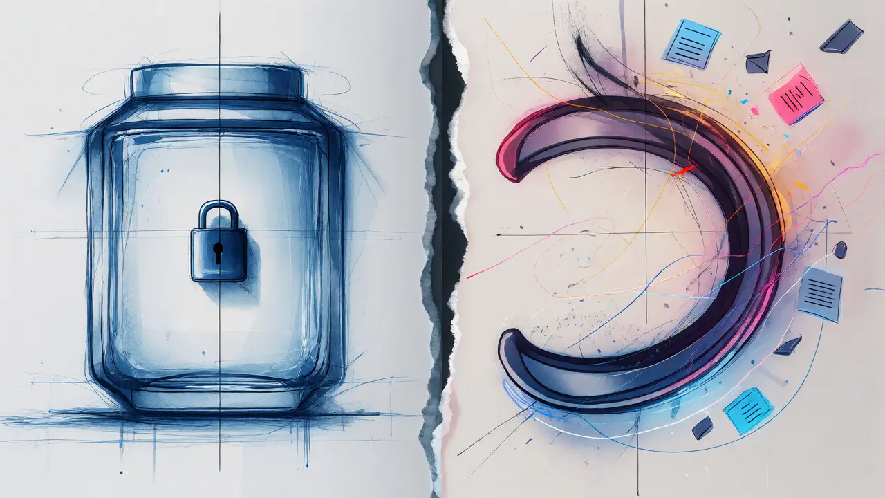 Split-screen design sketch contrasting a dormant locked exchange with dynamic active platforms.