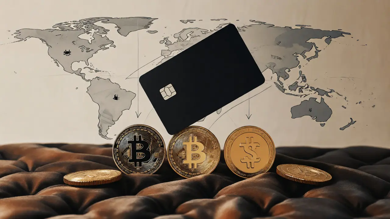 Stylish illustration of a credit card and crypto coins symbolizing rewards and curated assets.