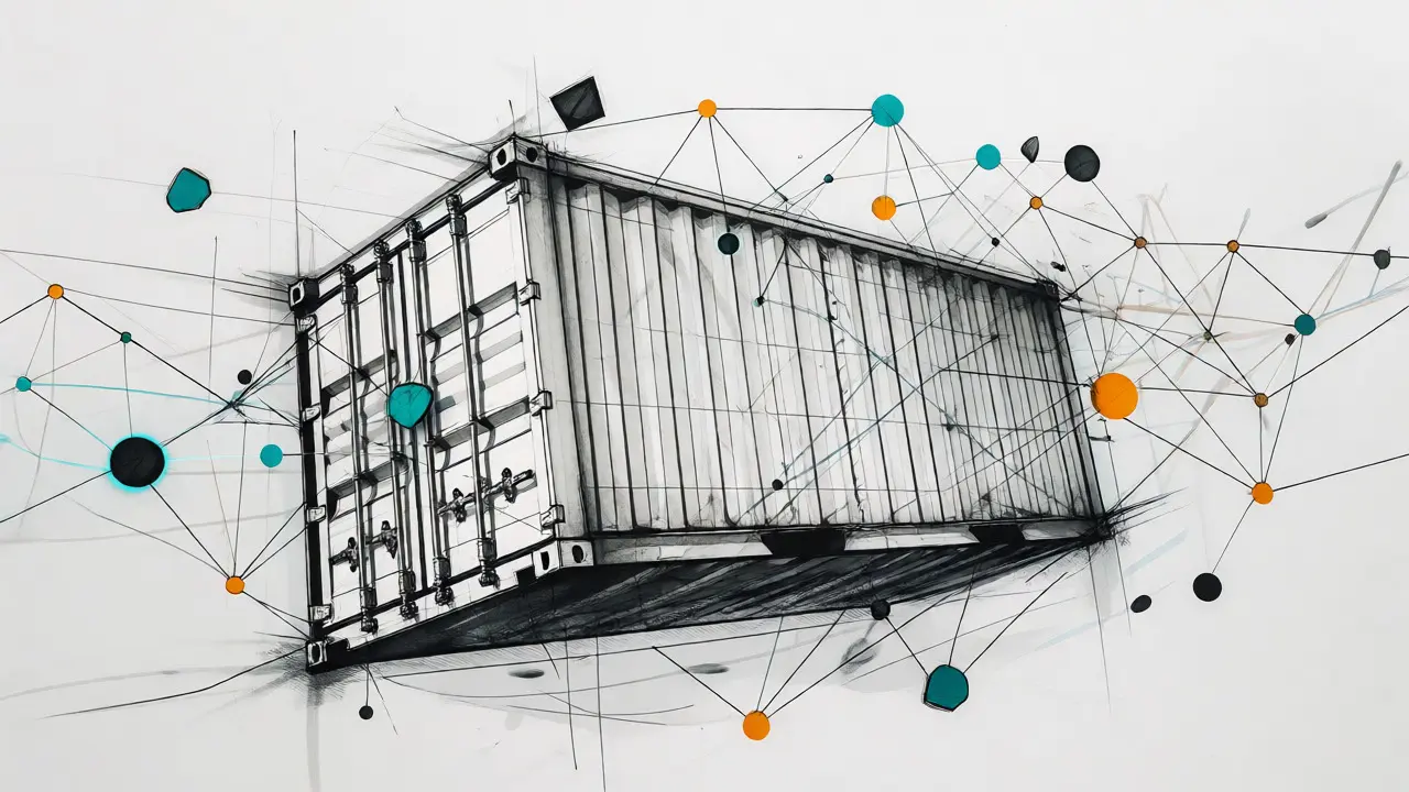 Stylized shipping container surrounded by a network of connected nodes in a design sketch.