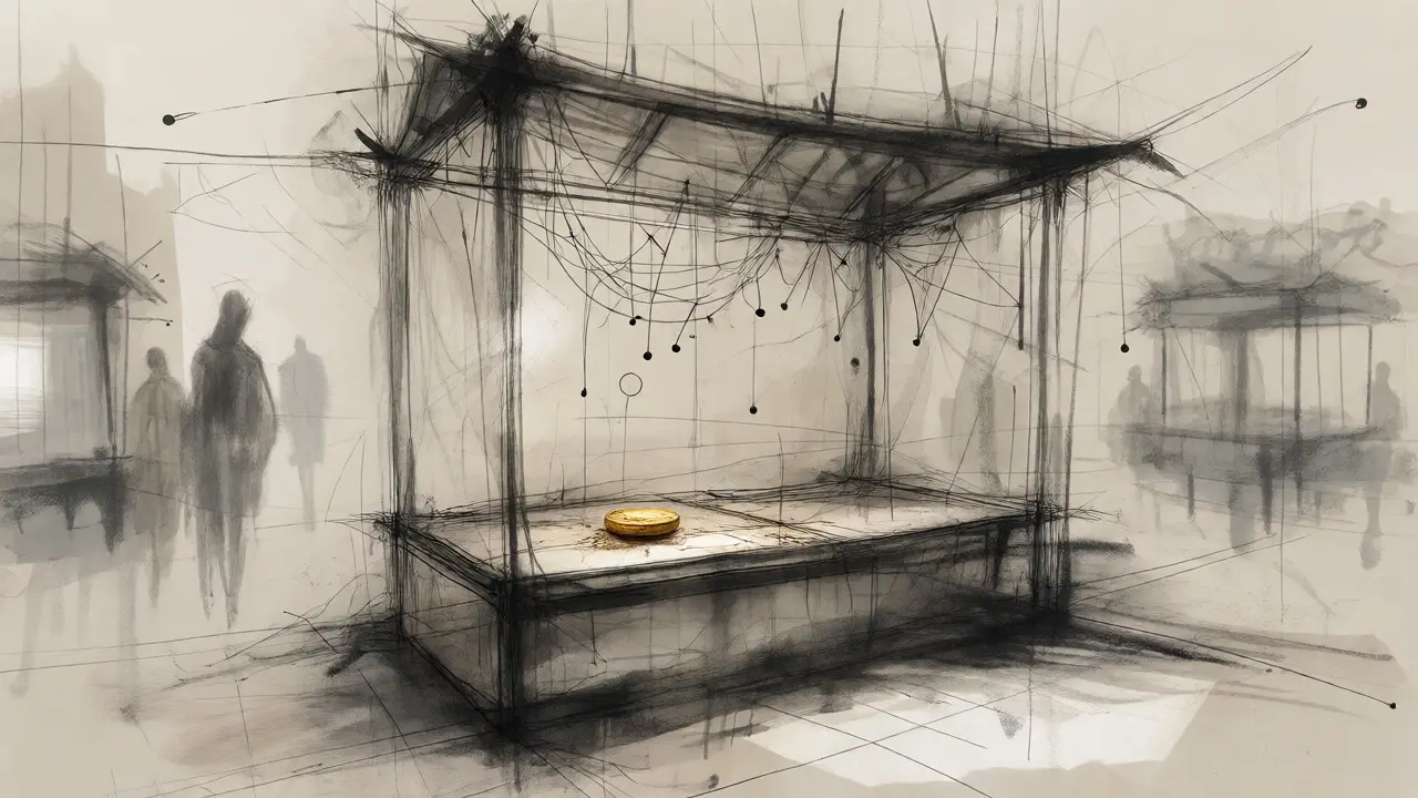 Wireframe sketch of an empty, dusty marketplace stall with a single coin
