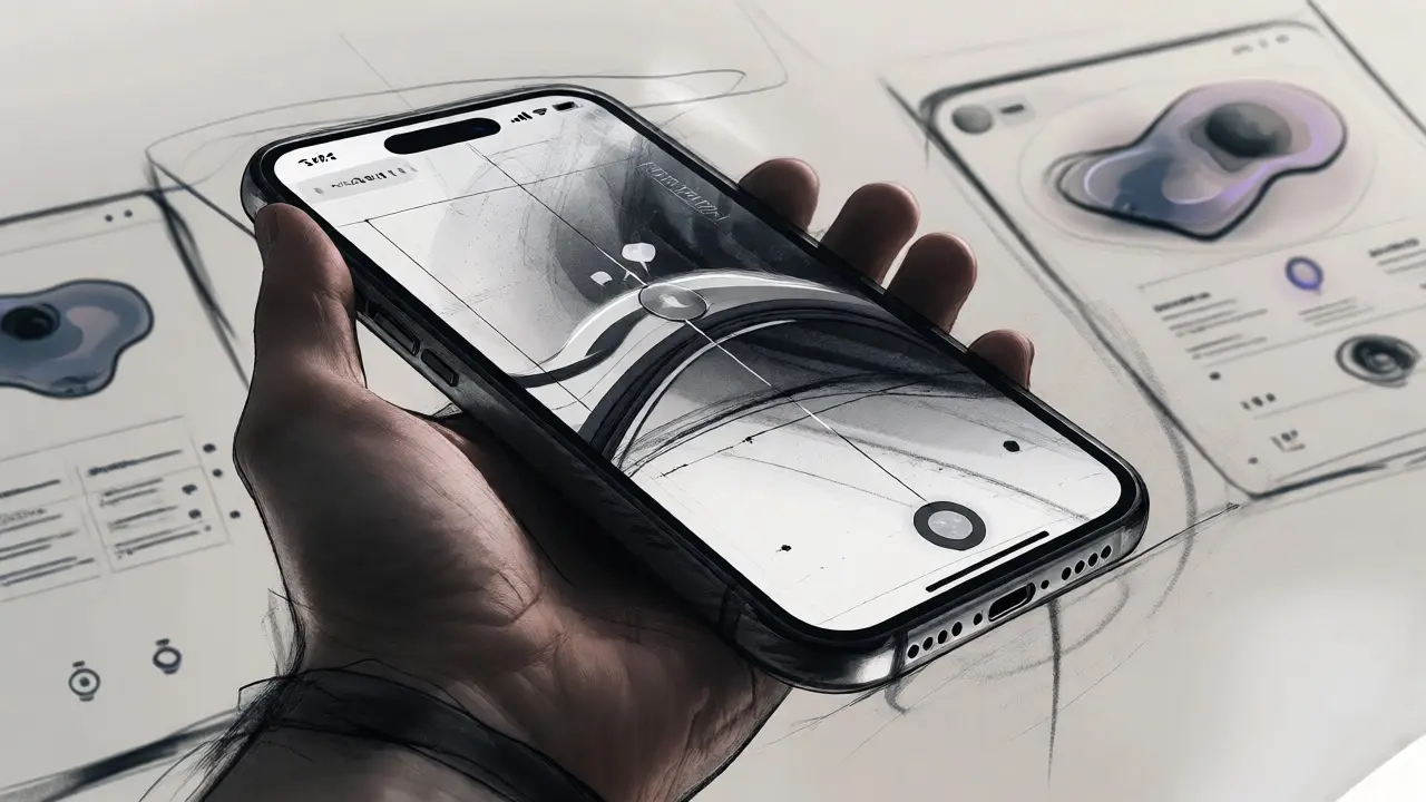 Charcoal sketch of a hand holding a phone displaying abstract asset transfer flows