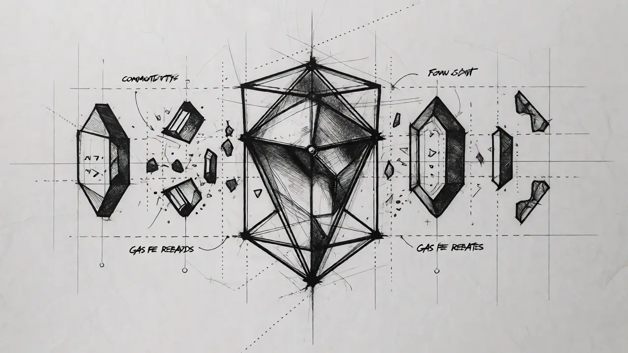 Exploded view sketch of a faceted NFT token within a geometric ecosystem cage